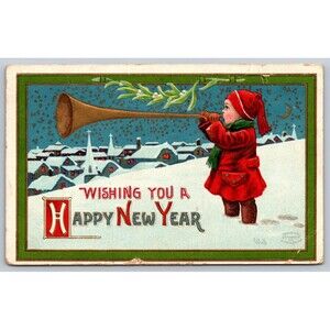 Postcard Happy New Year Boy with Large Horn Artist Wall Posted January 1912 NE